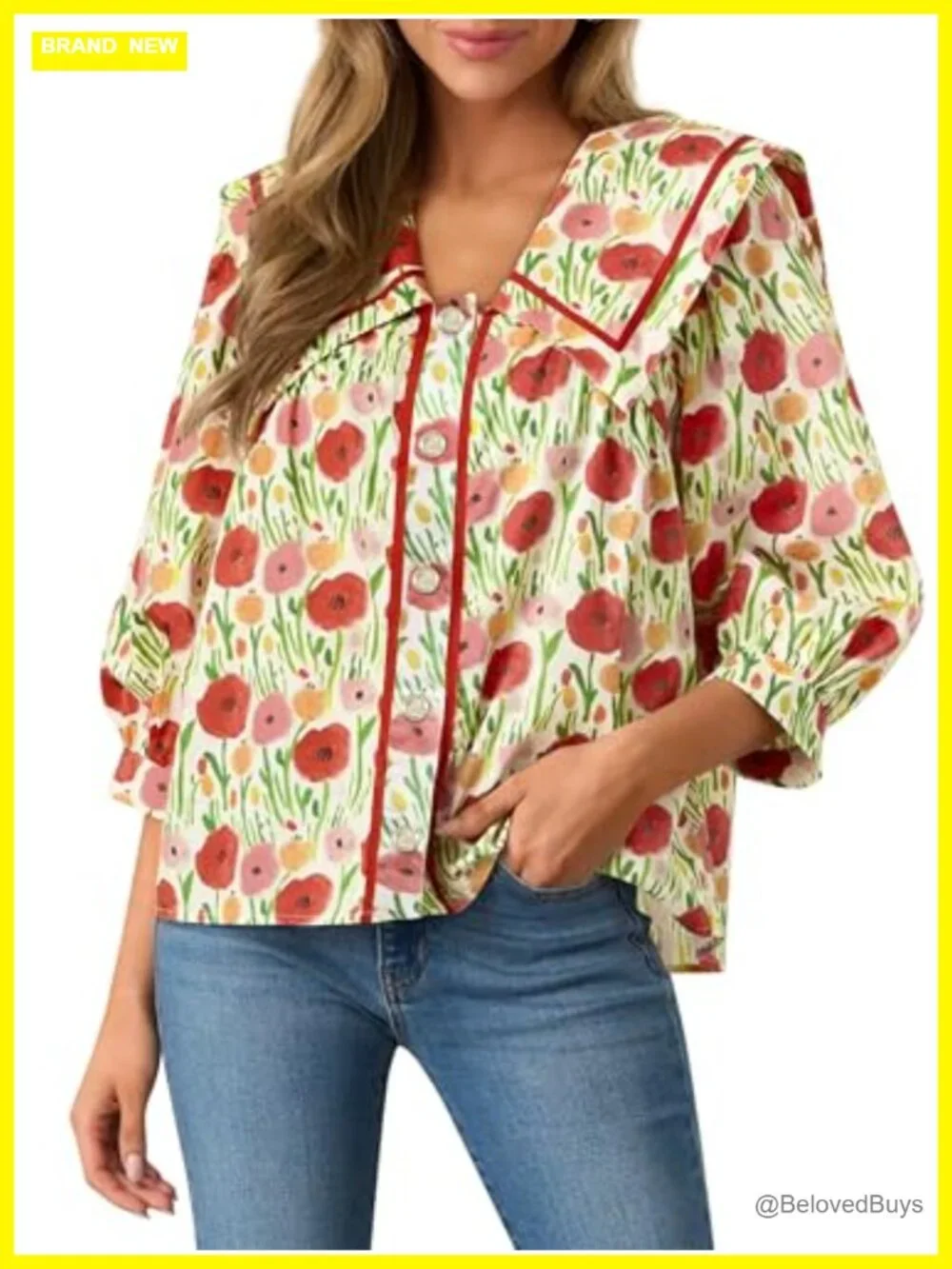 Floral Button Down Blouse 3/4 Sleeve Peter Pan Collar Cotton - Picture 2 of 7